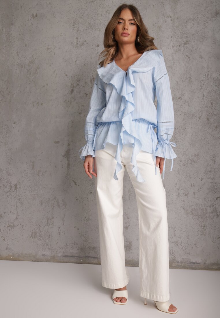 Niebieska Eteryczna Bluzka z Bawełny Zdobiona Falbankami i Ściągaczem w Pasie Cezarelle