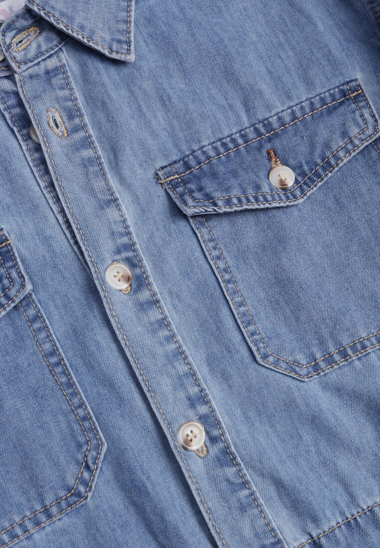 Niebieska Jeansowa Bawełniana Sukienka Koszulowa z Wiązaniem i Marszczeniem Enatta