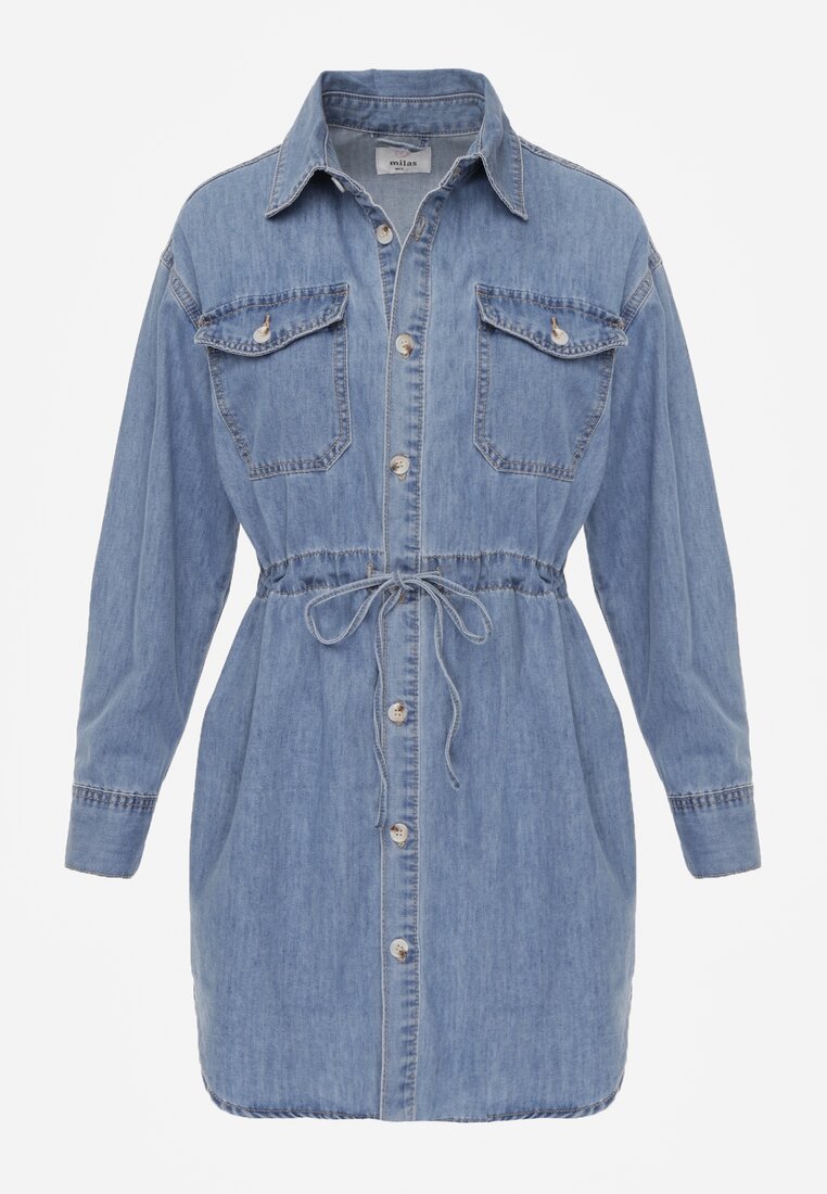 Niebieska Jeansowa Bawełniana Sukienka Koszulowa z Wiązaniem i Marszczeniem Enatta