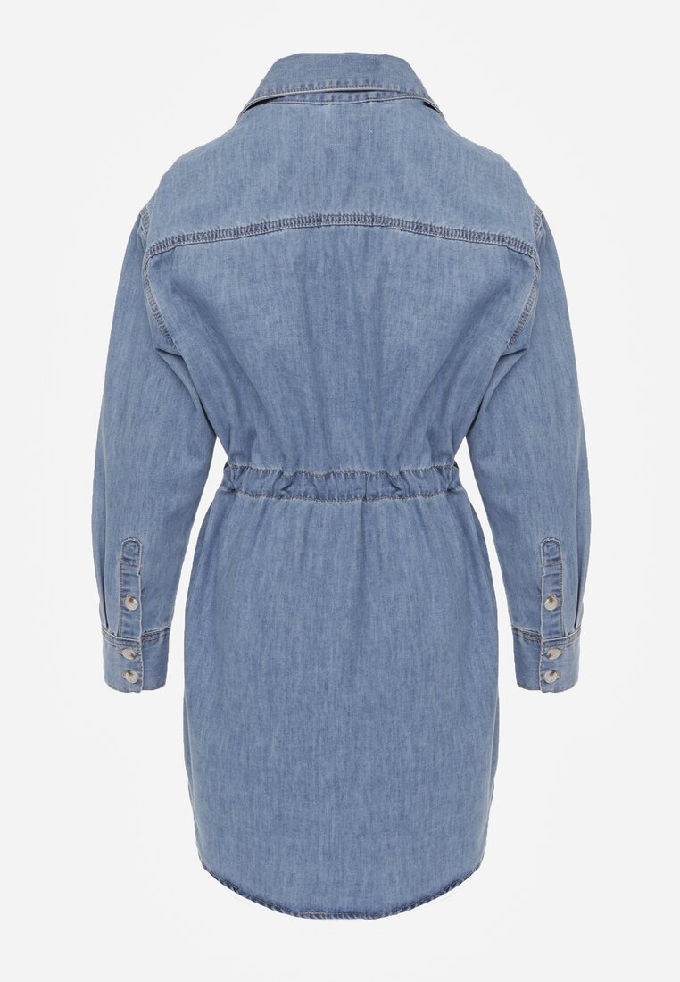 Niebieska Jeansowa Bawełniana Sukienka Koszulowa z Wiązaniem i Marszczeniem Enatta