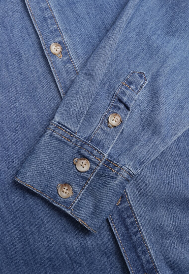 Niebieska Jeansowa Sukienka Koszulowa Oversize z Bawełną i Paskiem Cianatra