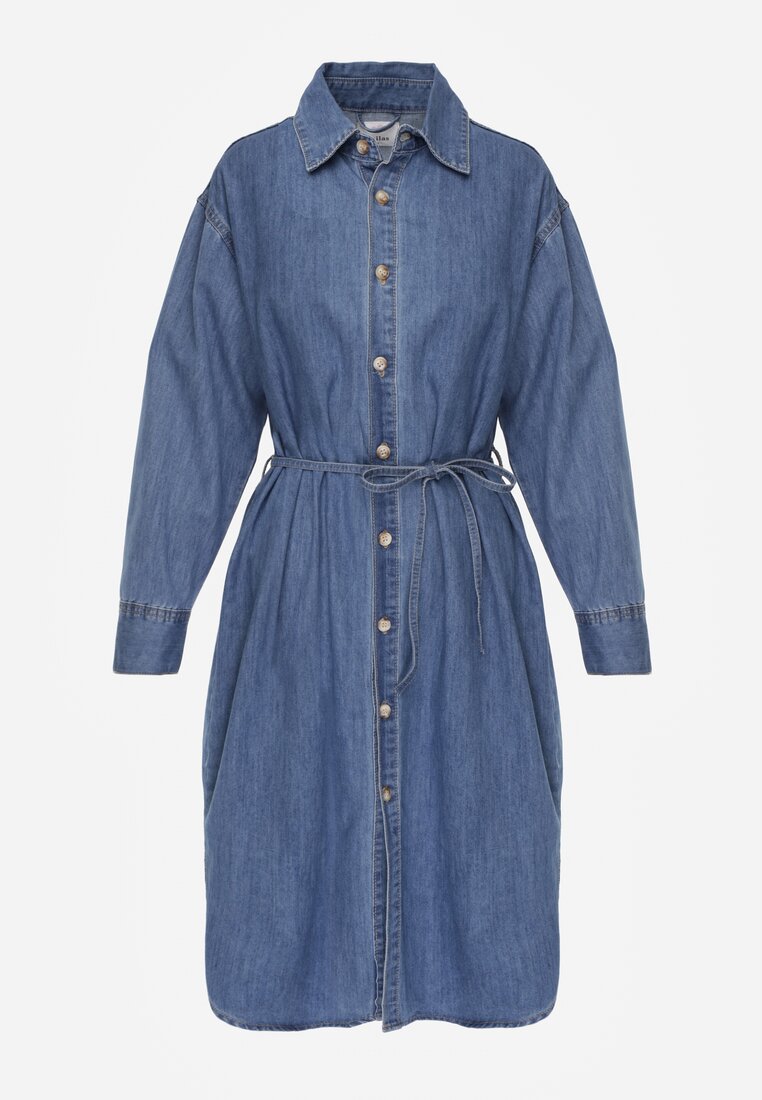 Niebieska Jeansowa Sukienka Koszulowa Oversize z Bawełną i Paskiem Cianatra