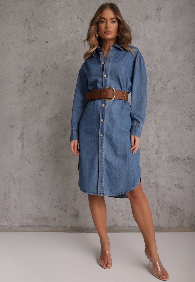 Niebieska Jeansowa Sukienka Koszulowa Oversize z Bawełną i Paskiem Cianatra