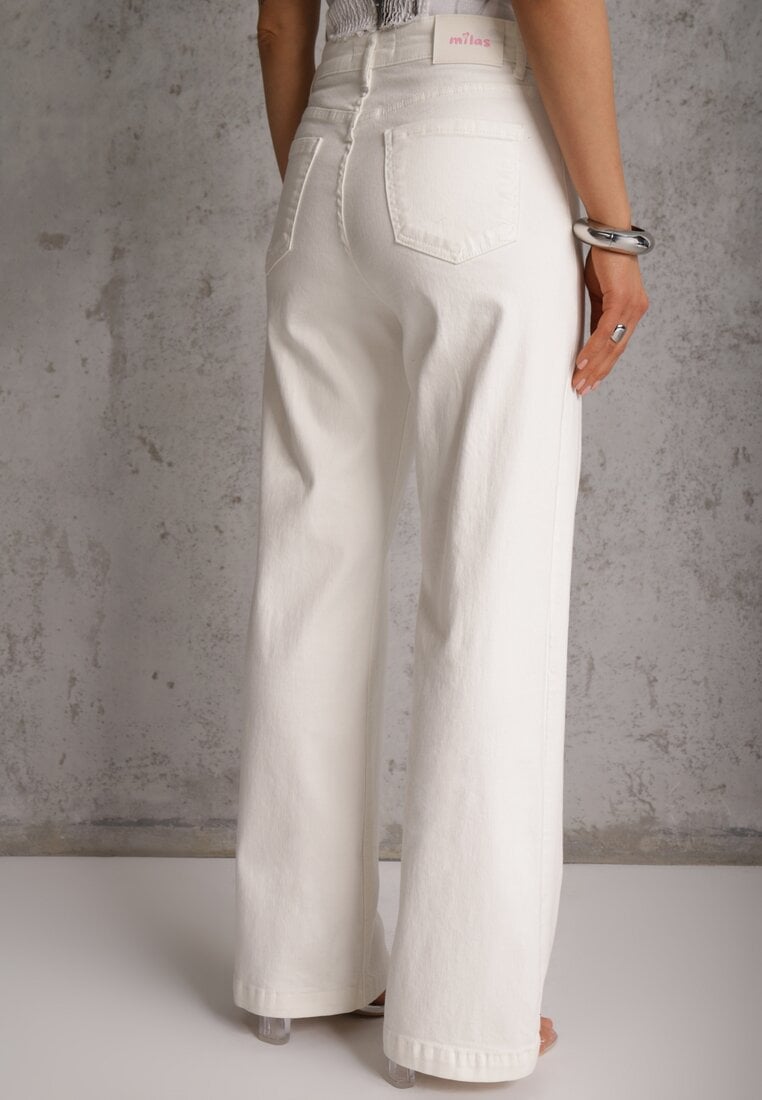 Białe Bawełniane Jeansy Wide Leg High Waist Darenatea