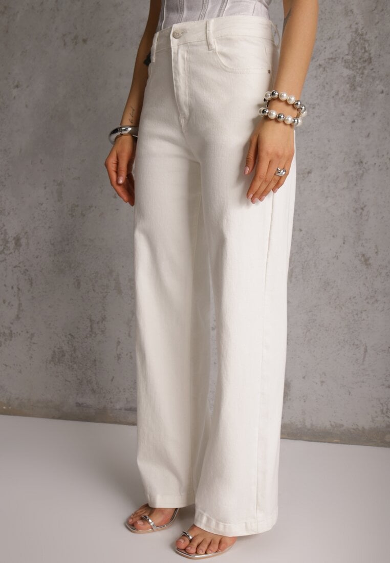 Białe Bawełniane Jeansy Wide Leg High Waist Darenatea
