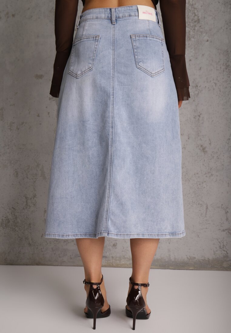 Niebieska Spódnica Jeansowa z Bawełną High Waist i Rozcięciem na Nogę Cinadessa