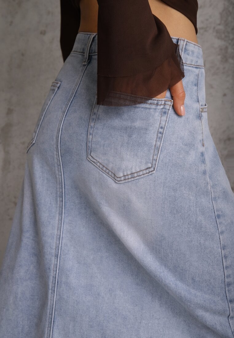 Niebieska Spódnica Jeansowa z Bawełną High Waist i Rozcięciem na Nogę Cinadessa