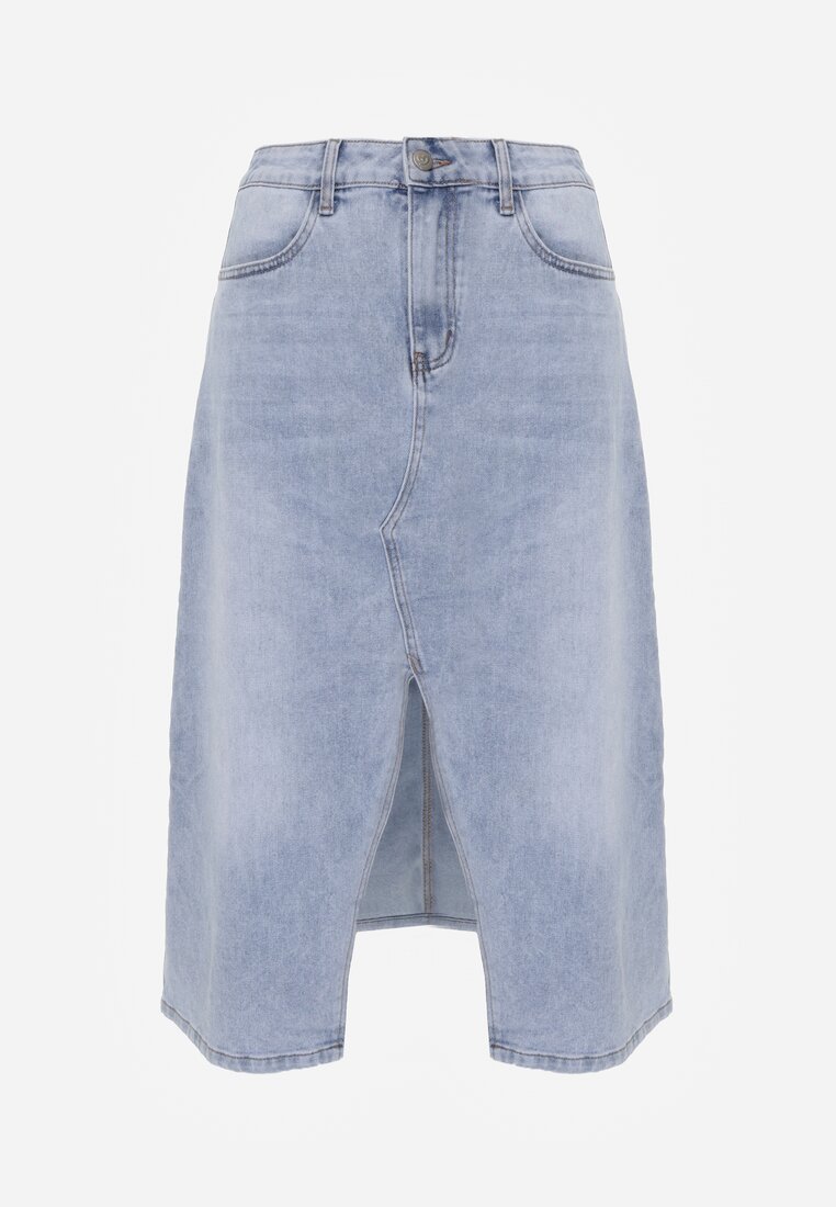Niebieska Spódnica Jeansowa z Bawełną High Waist i Rozcięciem na Nogę Cinadessa