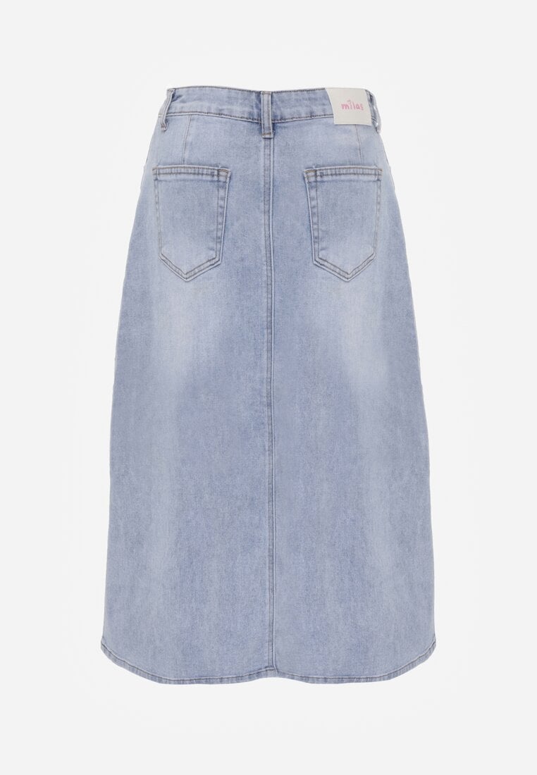 Niebieska Spódnica Jeansowa z Bawełną High Waist i Rozcięciem na Nogę Cinadessa