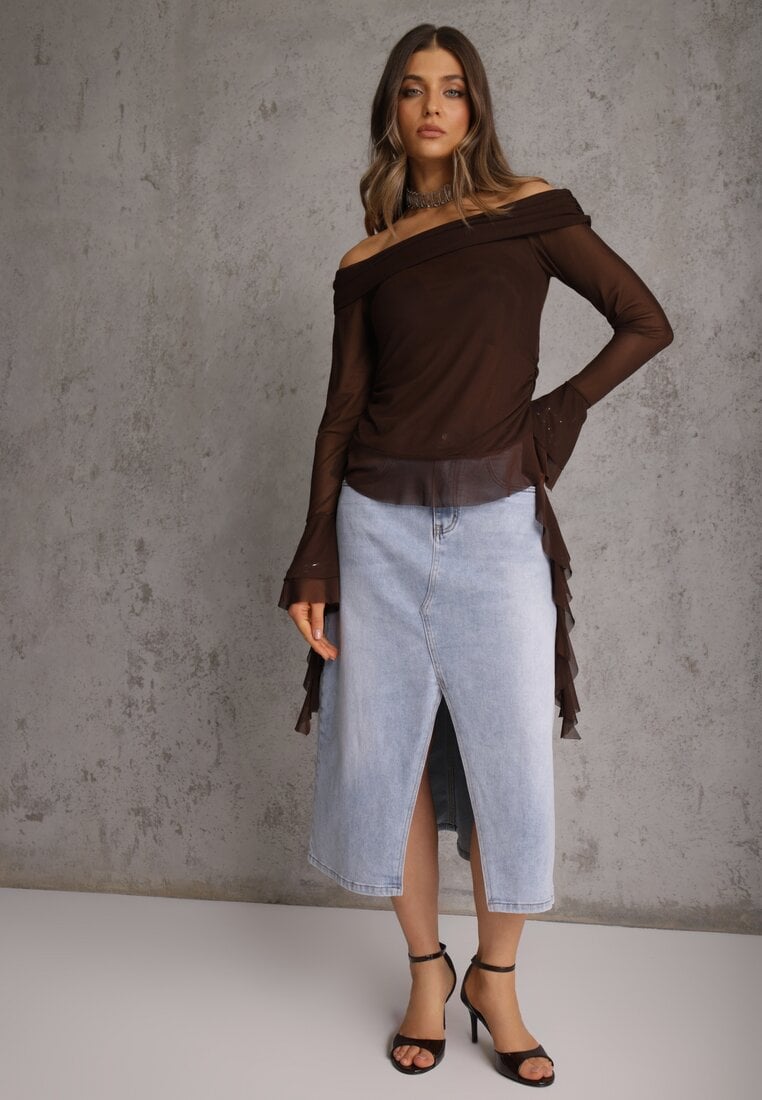 Niebieska Spódnica Jeansowa z Bawełną High Waist i Rozcięciem na Nogę Cinadessa