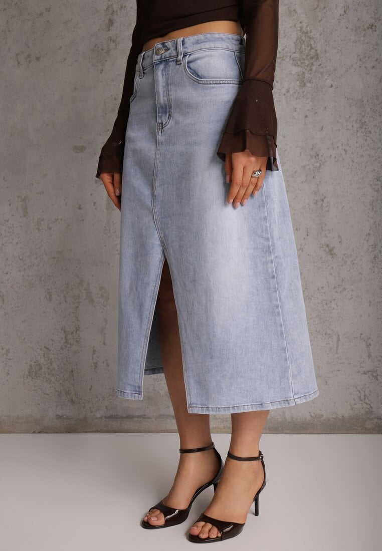 Niebieska Spódnica Jeansowa z Bawełną High Waist i Rozcięciem na Nogę Cinadessa