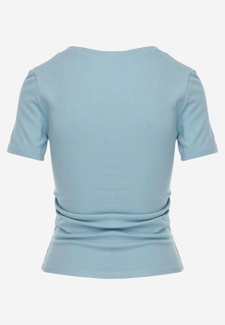 Jasnoniebieski T-shirt w Prążki z Marszczeniami po Bokach Nedala
