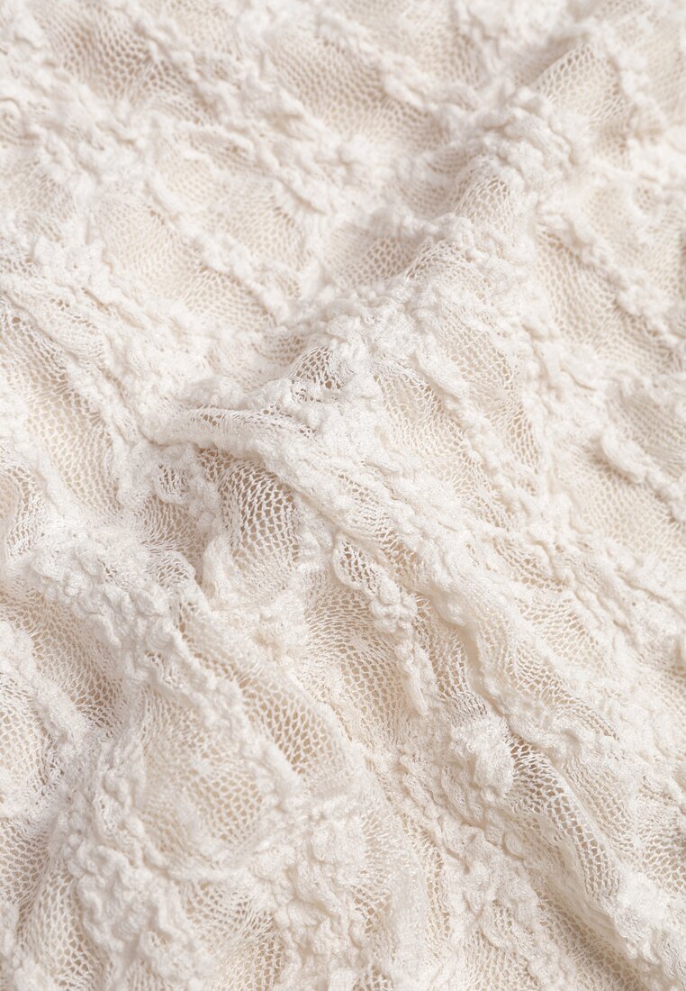 Beżowy Komplet z Koronki Spódnica i Top z Wiązaniem na Szyi  Dainetia