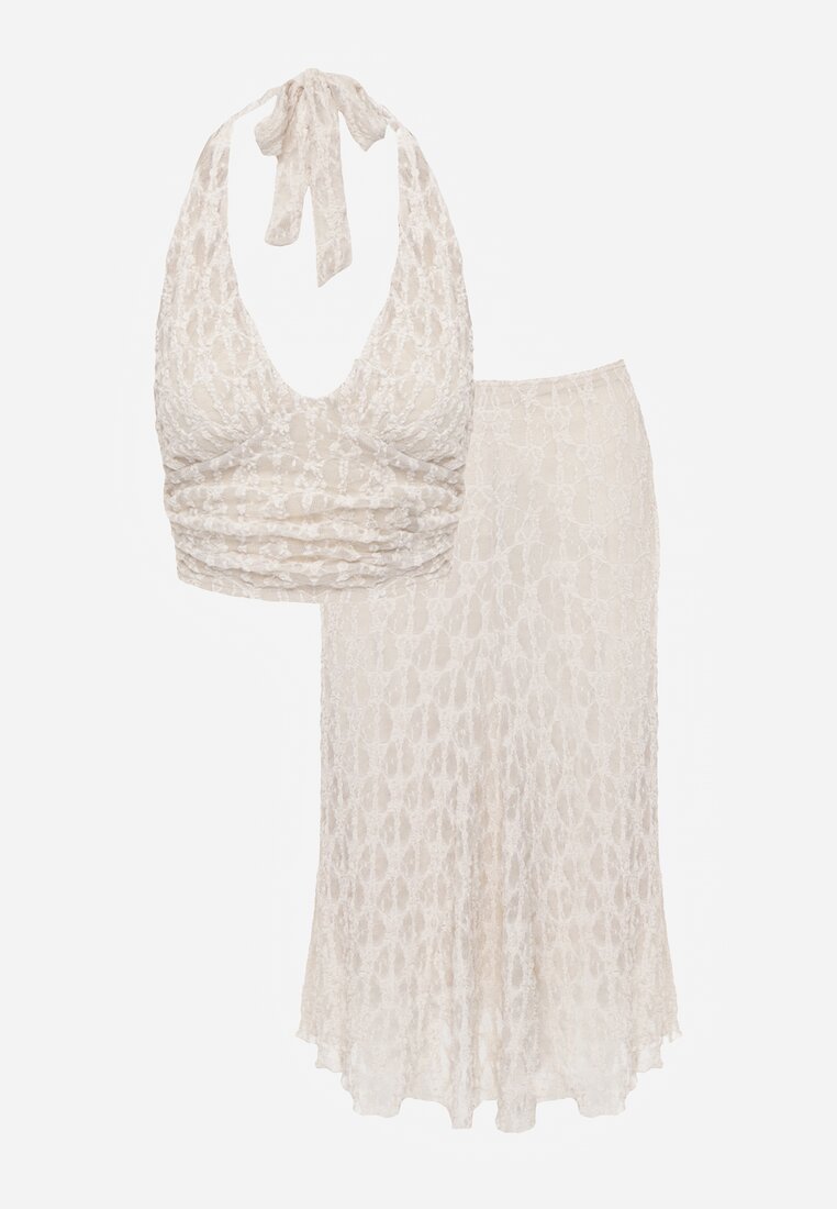 Beżowy Komplet z Koronki Spódnica i Top z Wiązaniem na Szyi  Dainetia