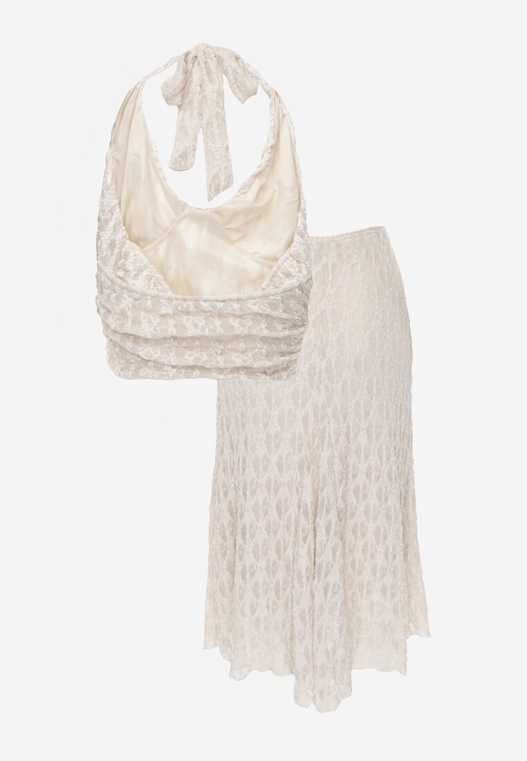 Beżowy Komplet z Koronki Spódnica i Top z Wiązaniem na Szyi  Dainetia