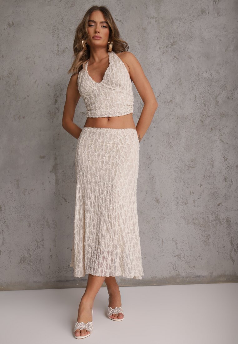 Beżowy Komplet z Koronki Spódnica i Top z Wiązaniem na Szyi  Dainetia