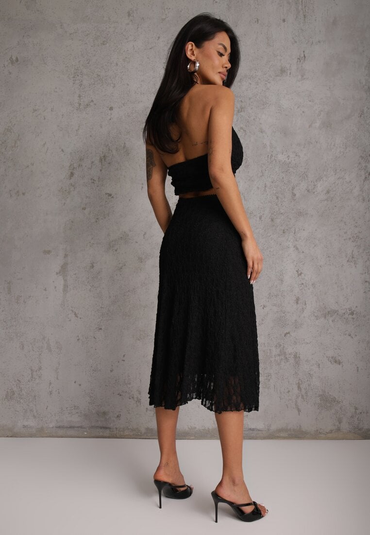 Czarny Komplet z Koronki Spódnica i Top z Wiązaniem na Szyi  Dainetia