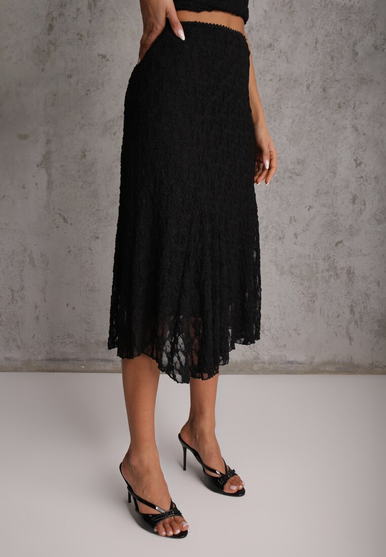 Czarny Komplet z Koronki Spódnica i Top z Wiązaniem na Szyi  Dainetia