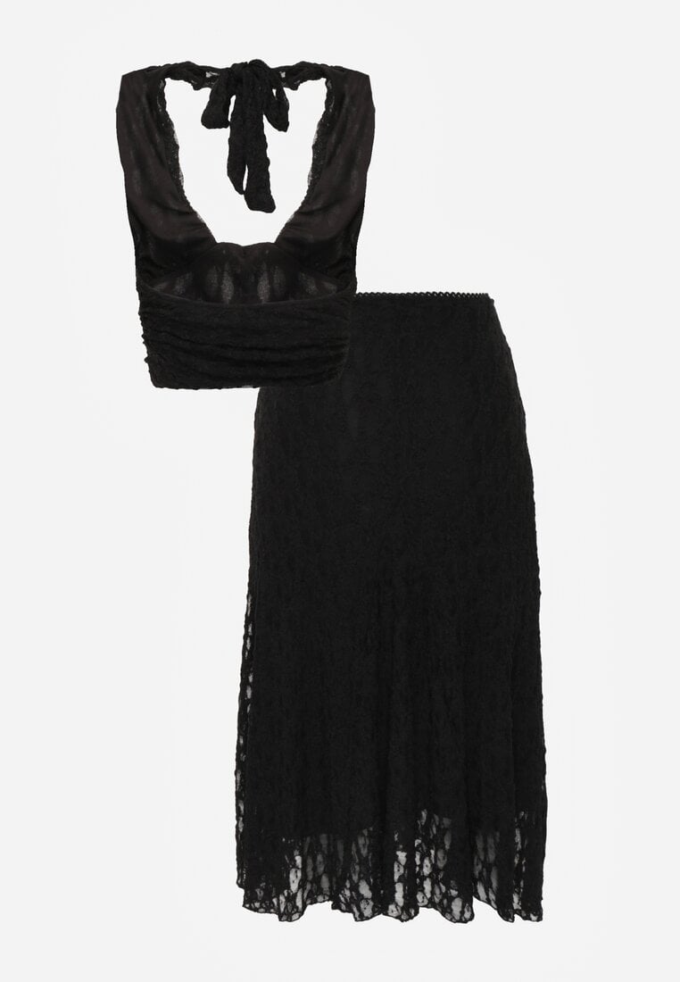 Czarny Komplet z Koronki Spódnica i Top z Wiązaniem na Szyi  Dainetia