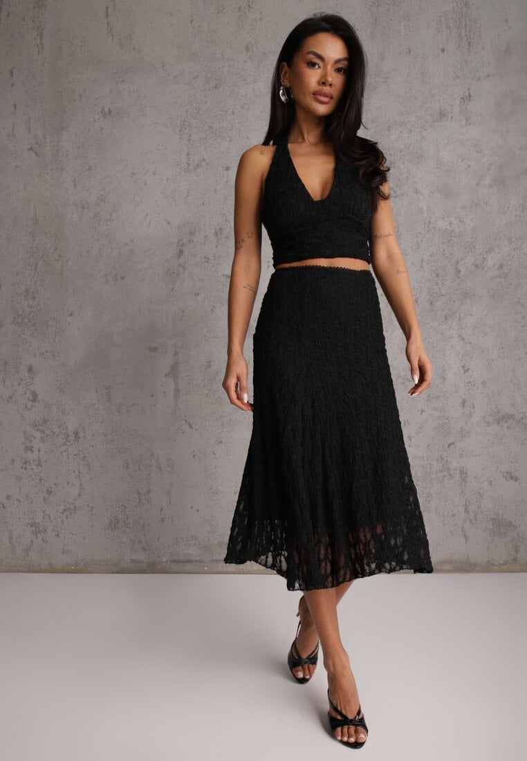 Czarny Komplet z Koronki Spódnica i Top z Wiązaniem na Szyi  Dainetia