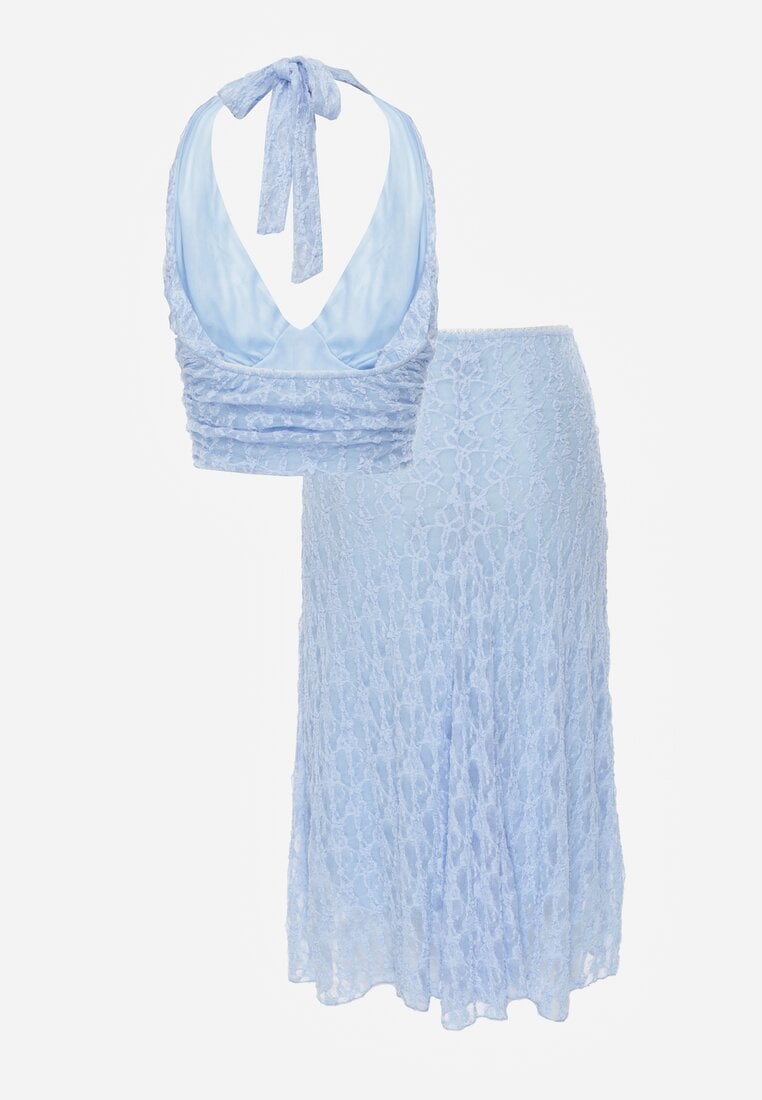Niebieski Komplet z Koronki Spódnica i Top z Wiązaniem na Szyi  Dainetia