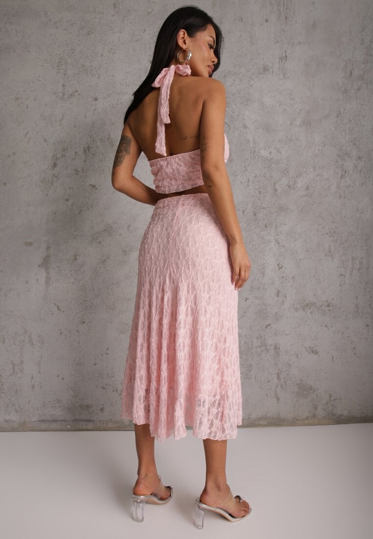 Różowy Komplet z Koronki Spódnica i Top z Wiązaniem na Szyi  Dainetia