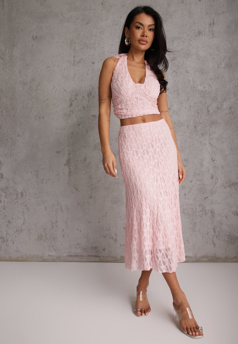 Różowy Komplet z Koronki Spódnica i Top z Wiązaniem na Szyi  Dainetia