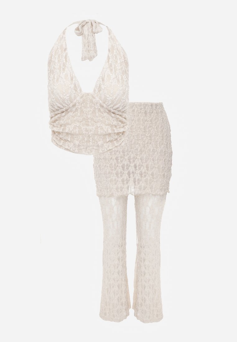 Beżowy Komplet z Koronki Top Halter i Spodnie Zdobione Wszytą Spódnicą Celanix