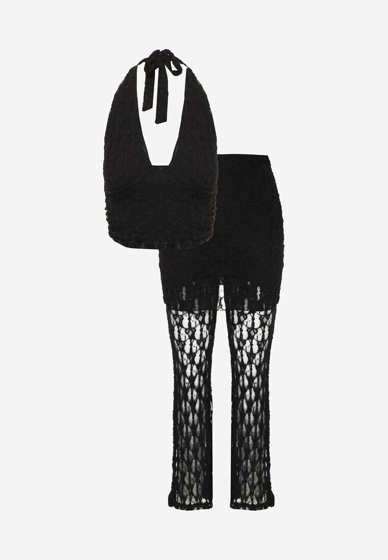 Czarny Komplet z Koronki Top Halter i Spodnie Zdobione Wszytą Spódnicą Celanix