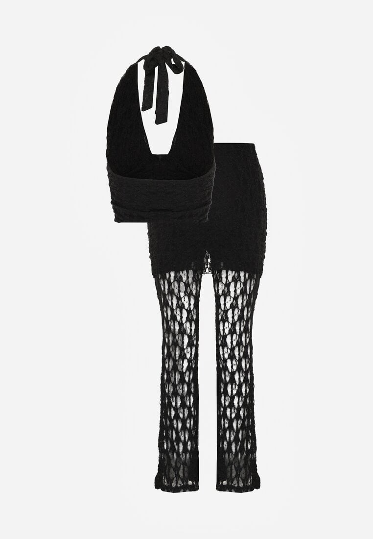 Czarny Komplet z Koronki Top Halter i Spodnie Zdobione Wszytą Spódnicą Celanix