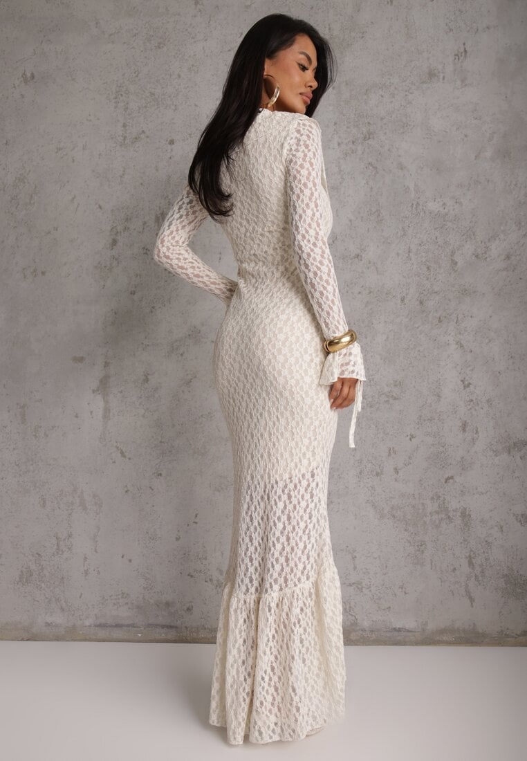 Beżowa Wieczorowa Sukienka z Koronki Zdobiona Falbanami Lunetra