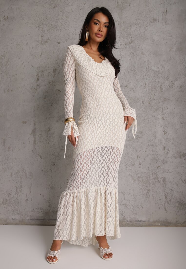 Beżowa Wieczorowa Sukienka z Koronki Zdobiona Falbanami Lunetra