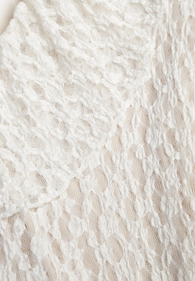 Beżowa Wieczorowa Sukienka z Koronki Zdobiona Falbanami Lunetra