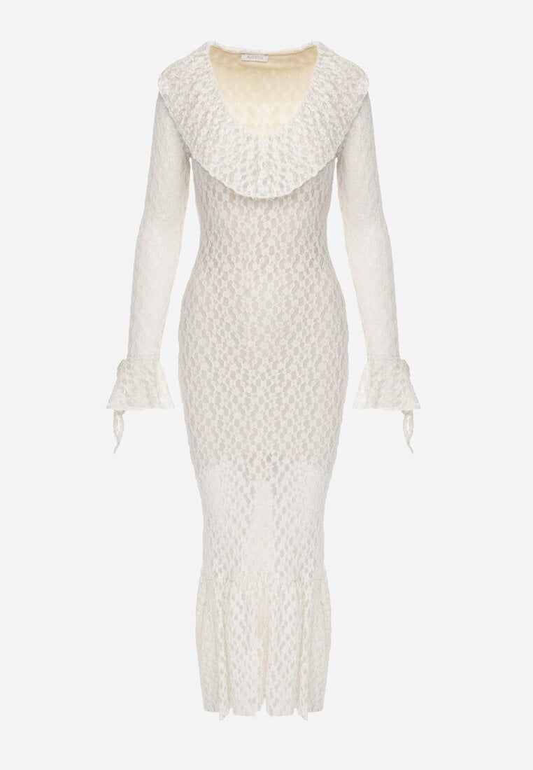 Beżowa Wieczorowa Sukienka z Koronki Zdobiona Falbanami Lunetra