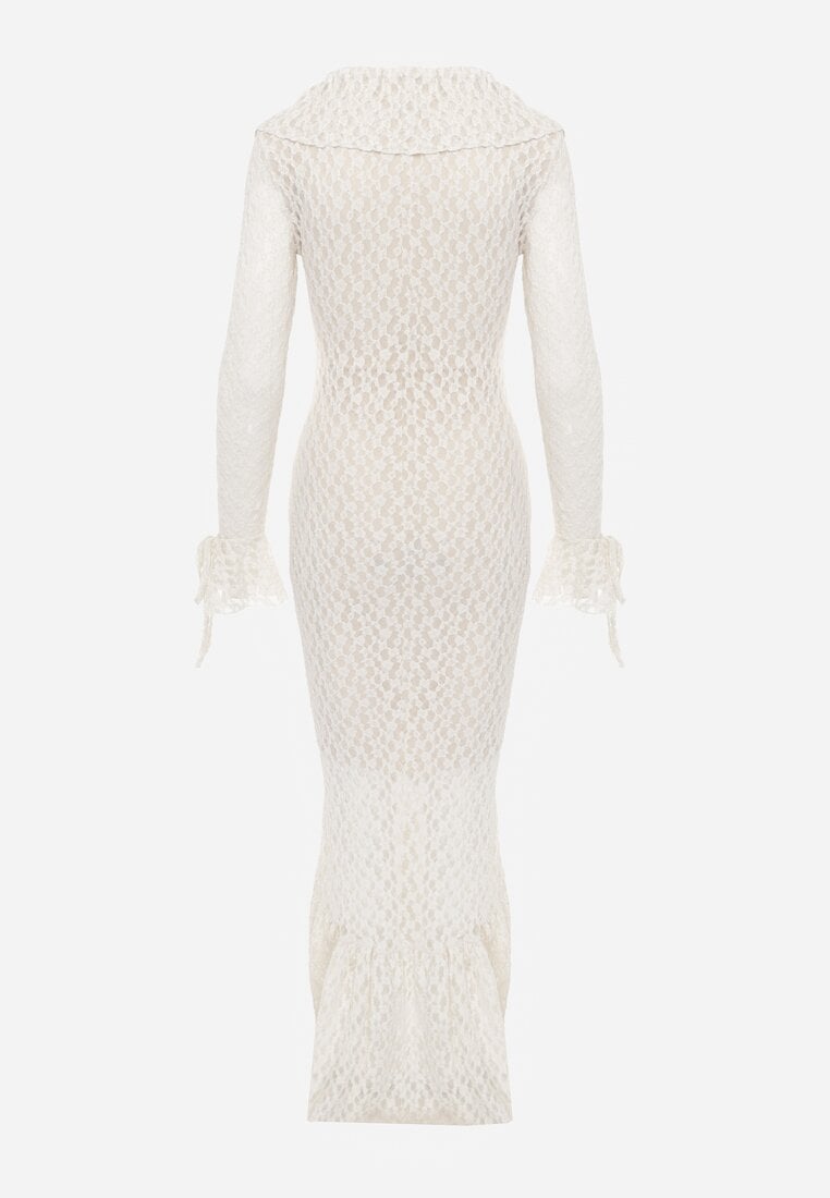 Beżowa Wieczorowa Sukienka z Koronki Zdobiona Falbanami Lunetra