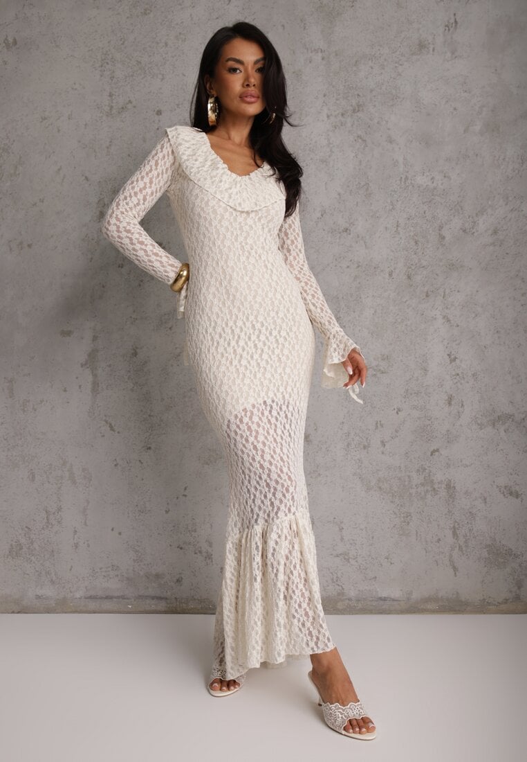 Beżowa Wieczorowa Sukienka z Koronki Zdobiona Falbanami Lunetra