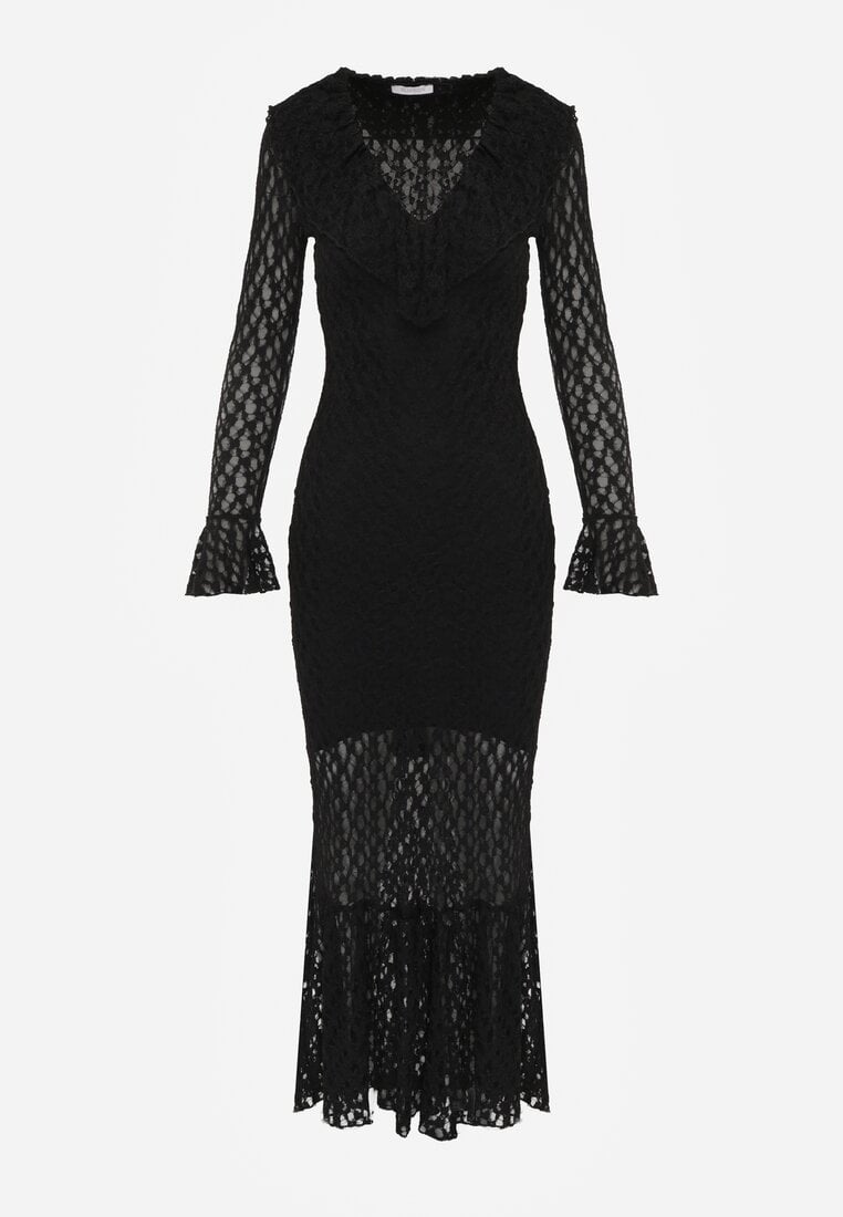 Czarna Wieczorowa Sukienka z Koronki Zdobiona Falbanami Lunetra
