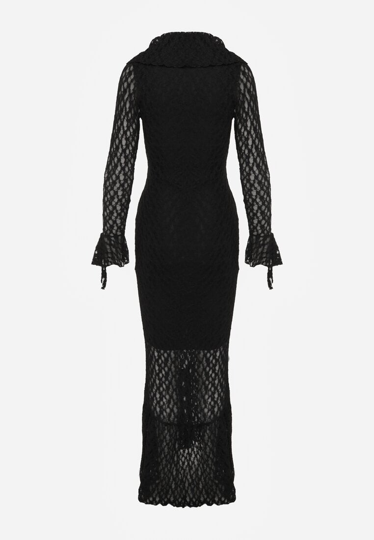 Czarna Wieczorowa Sukienka z Koronki Zdobiona Falbanami Lunetra