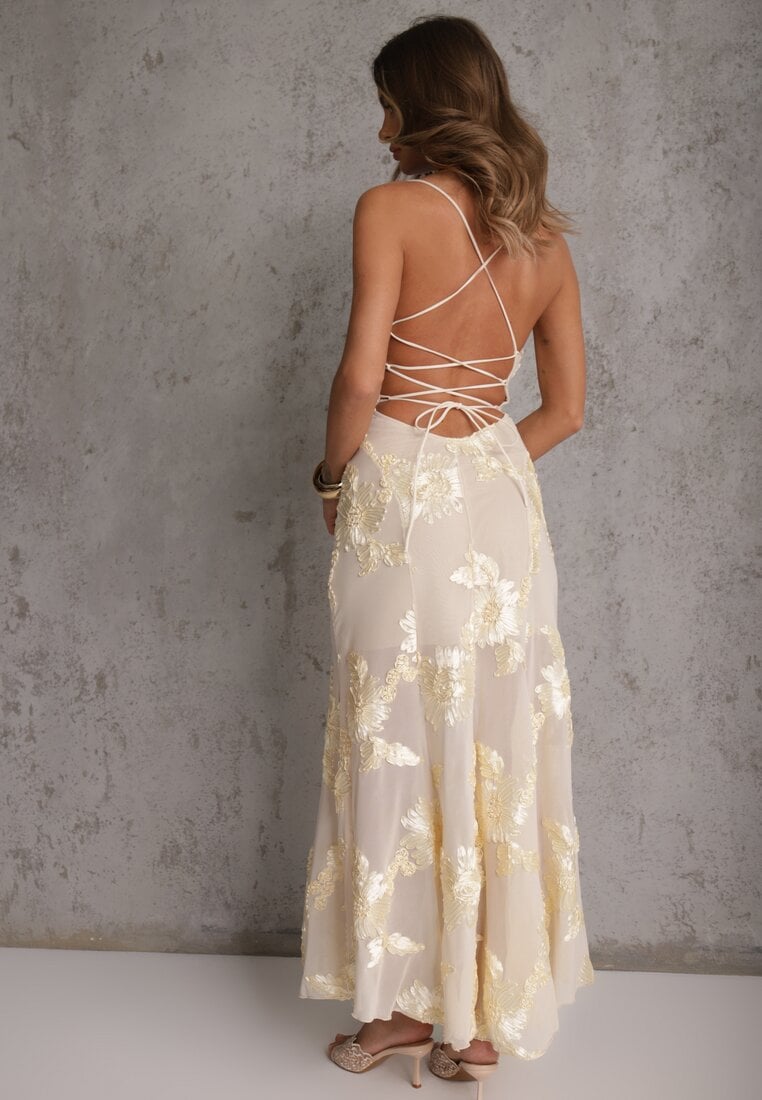 Beżowa Wieczorowa Sukienka z Siateczki z Gorsetowym Wiązaniem na Plecach Cezenna