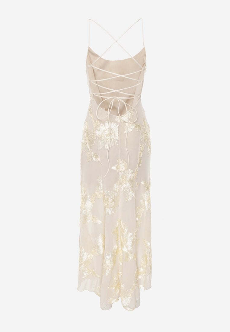 Beżowa Wieczorowa Sukienka z Siateczki z Gorsetowym Wiązaniem na Plecach Cezenna