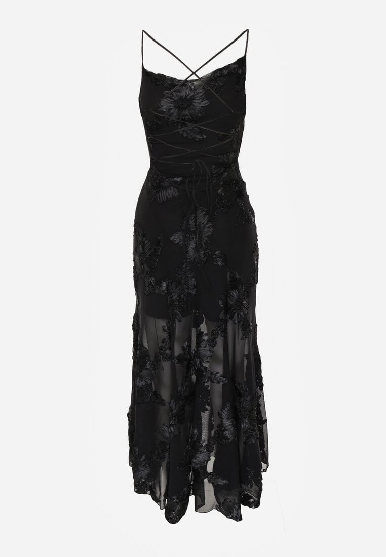 Czarna Wieczorowa Sukienka z Siateczki z Gorsetowym Wiązaniem na Plecach Cezenna