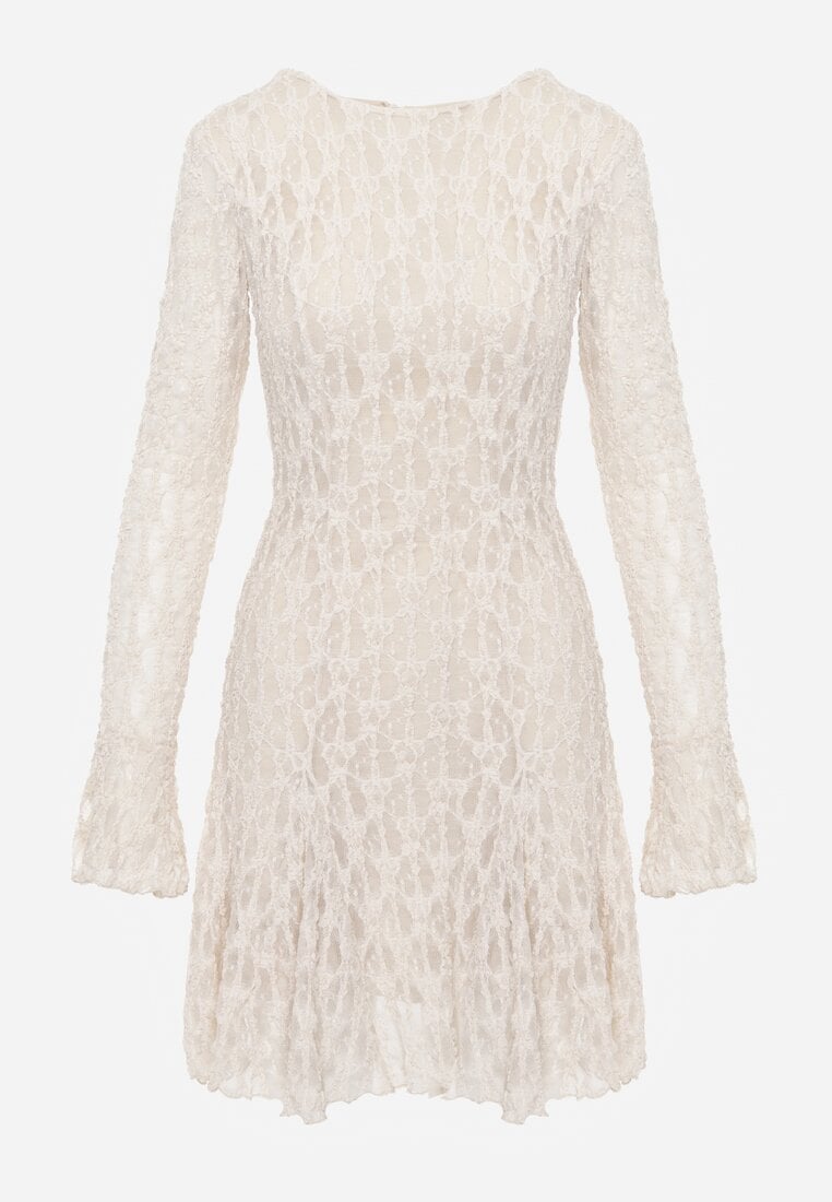 Beżowa Sukienka z Koronki Ozdobiona Rozkloszowanymi Rękawami Cinalata