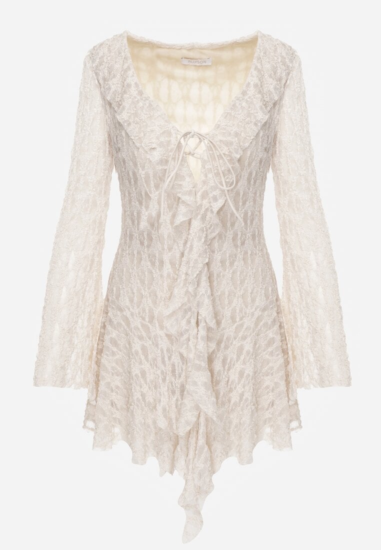 Beżowa Eteryczna Sukienka z Koronki z Falbankami i Wiązaniem Dianatta