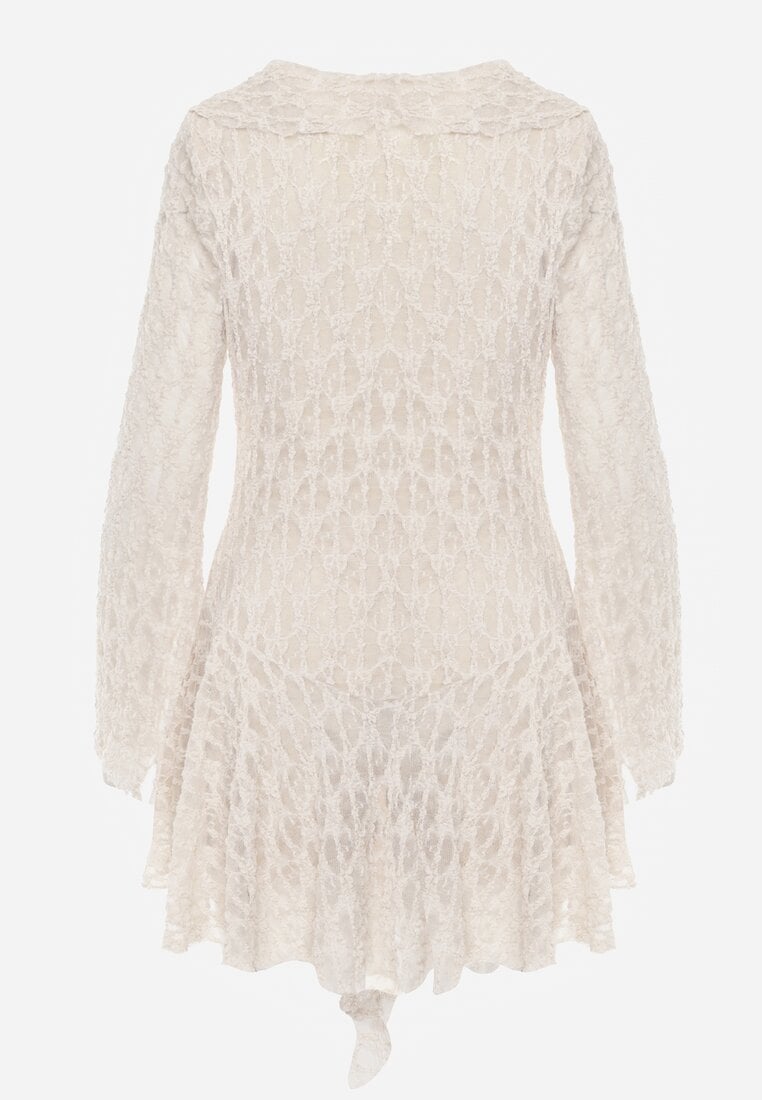 Beżowa Eteryczna Sukienka z Koronki z Falbankami i Wiązaniem Dianatta