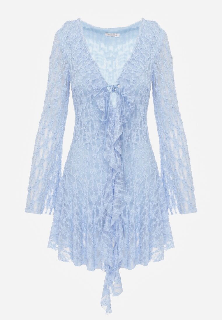 Niebieska Eteryczna Sukienka z Koronki z Falbankami i Wiązaniem Dianatta