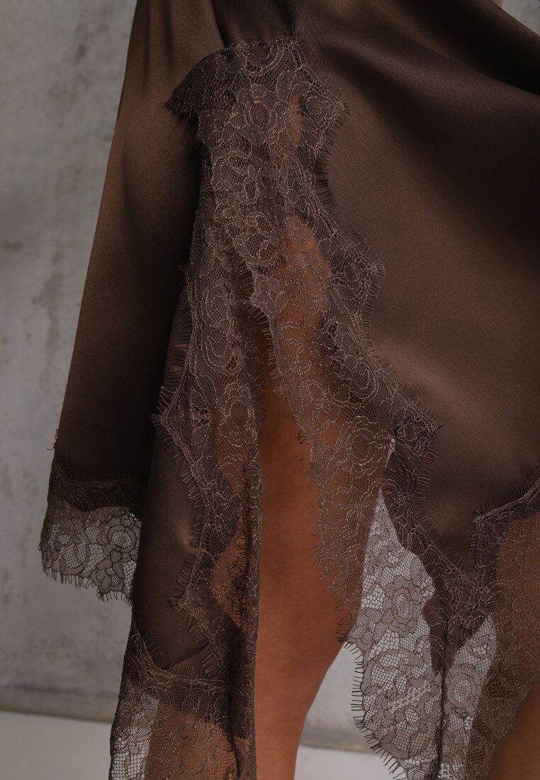 Brązowa Asymetryczna Spódnica z Satyny Zdobiona Koronką Katarva
