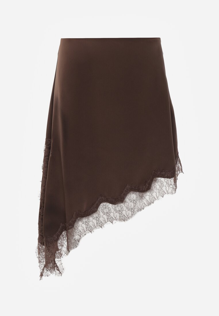 Brązowa Asymetryczna Spódnica z Satyny Zdobiona Koronką Katarva