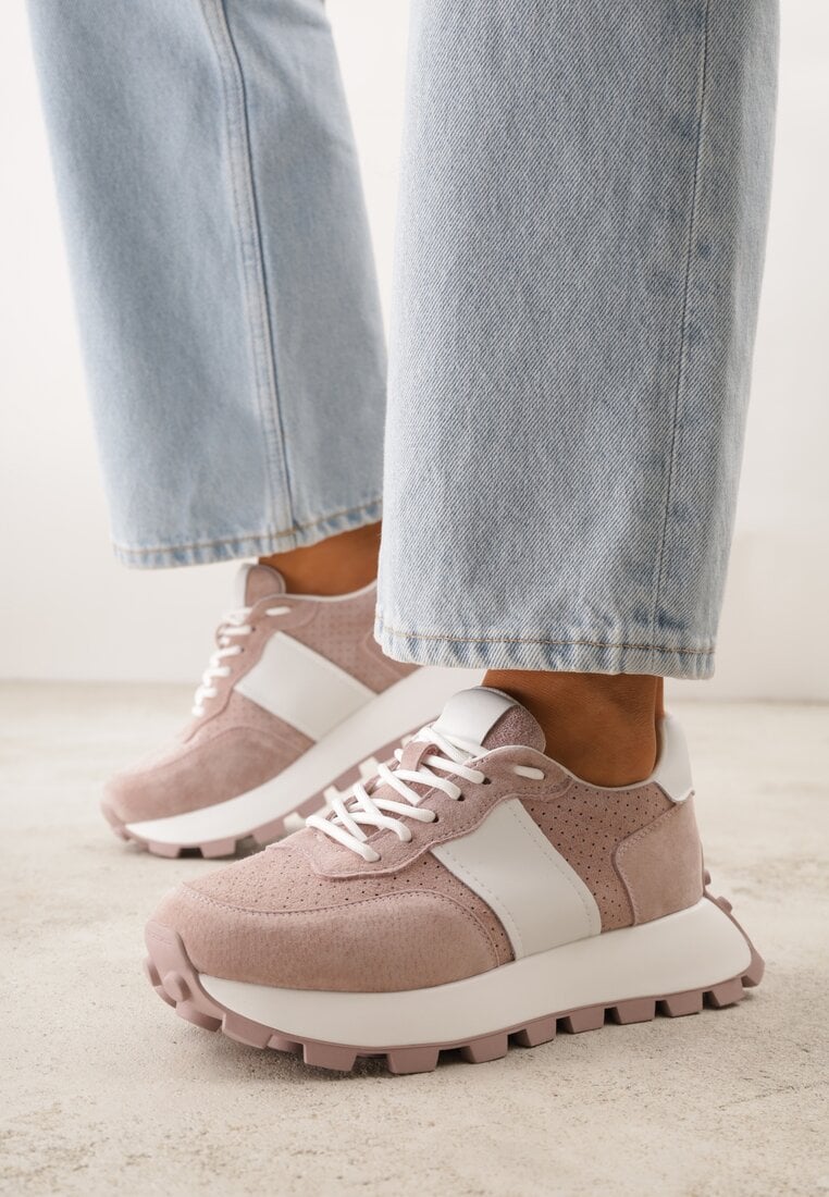 Różowe Zamszowe Sneakersy na Podeszwie Chunky z Perforowaną Cholewką Cezarlina
