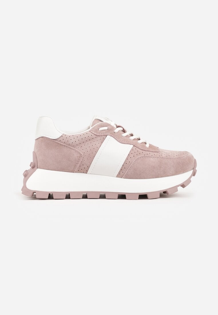 Różowe Zamszowe Sneakersy na Podeszwie Chunky z Perforowaną Cholewką Cezarlina