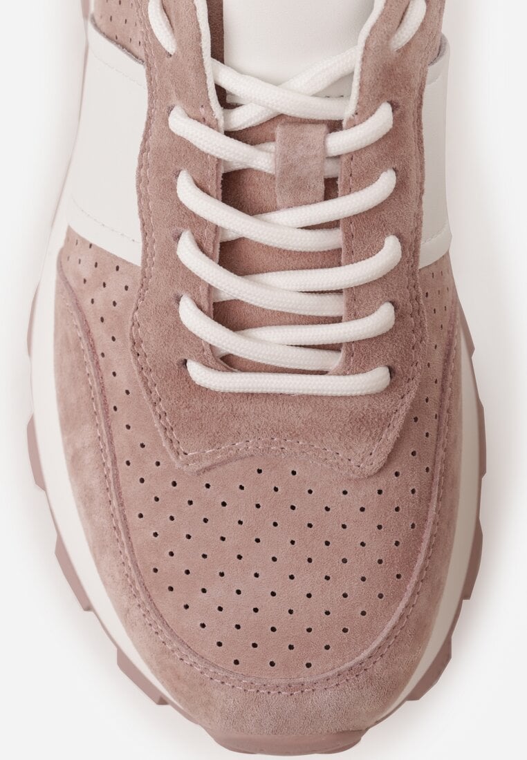 Różowe Zamszowe Sneakersy na Podeszwie Chunky z Perforowaną Cholewką Cezarlina